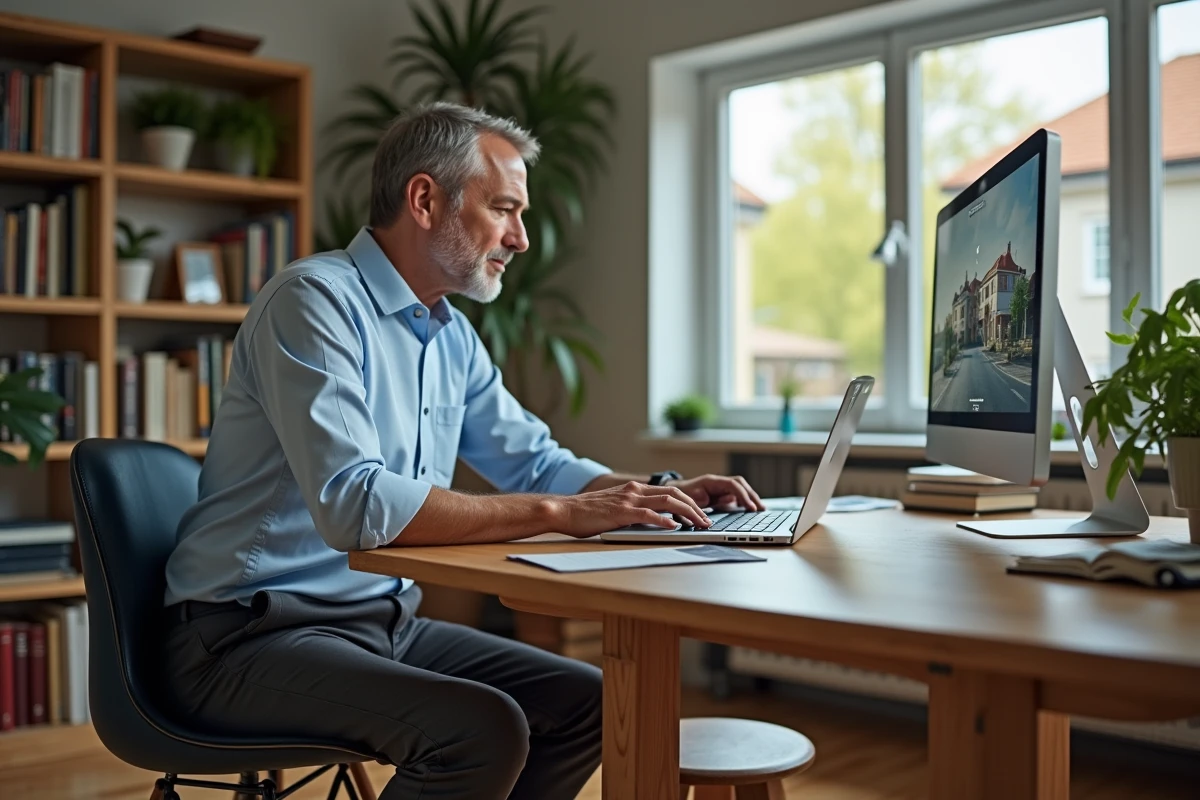 Homme d age moyen travaillant sur ordinateur dans un bureau lumineux