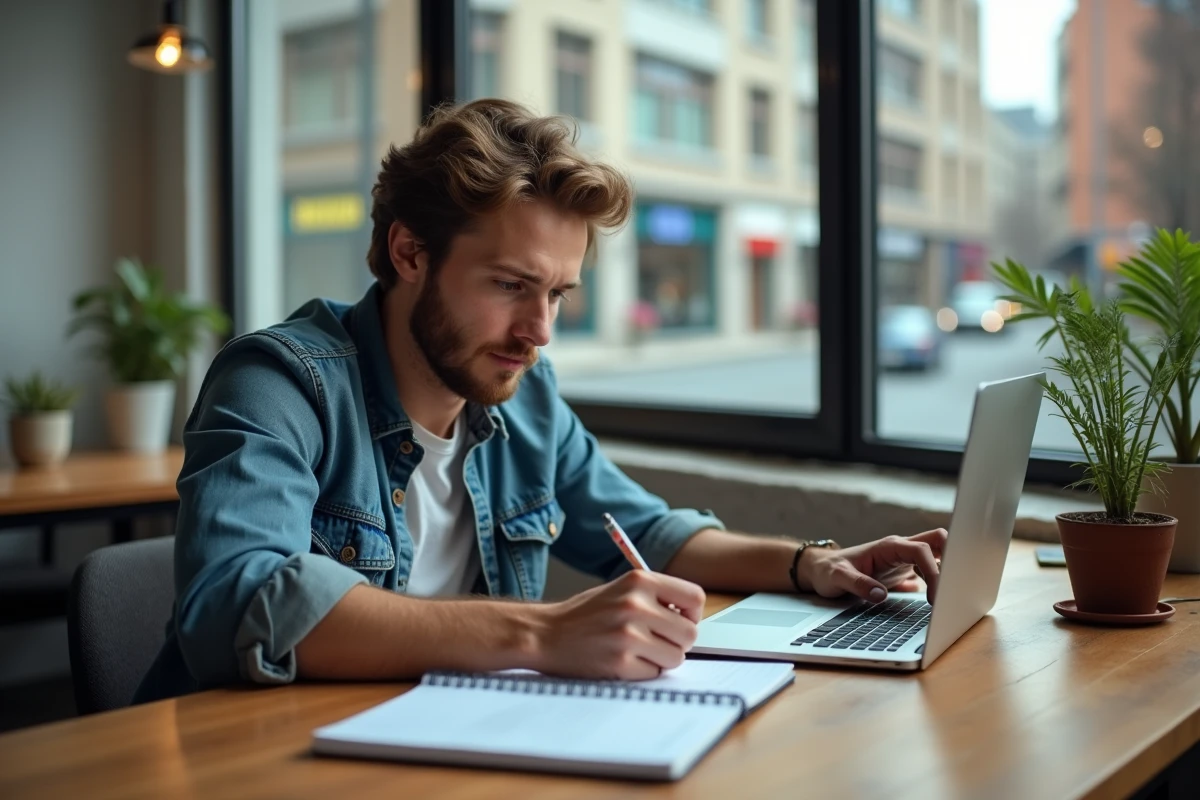 Homme jeune gère des paiements de location sur son ordinateur dans un espace de coworking