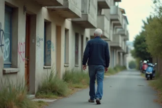 Homme d'âge moyen marchant dans un quartier urbain de Fréjus