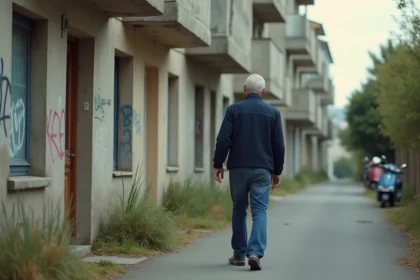 Homme d'âge moyen marchant dans un quartier urbain de Fréjus