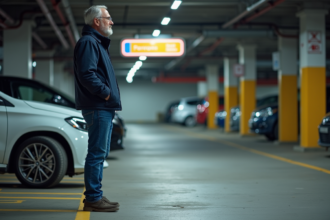 Homme en veste navy dans un parking urbain contemplant des places