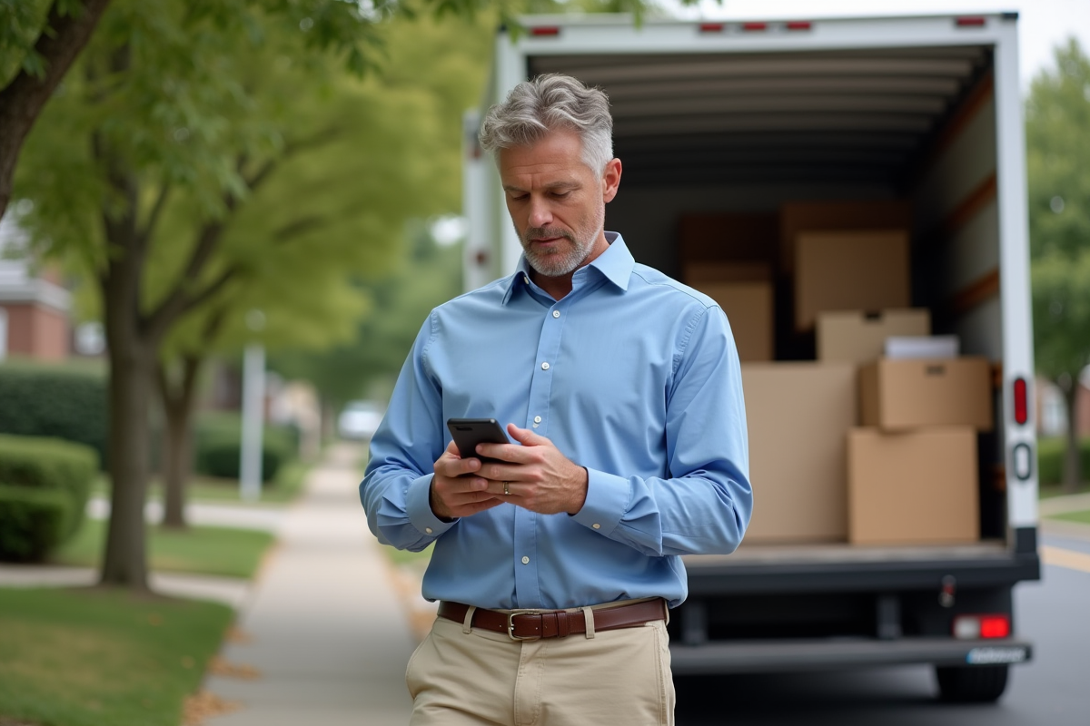 Homme d age moyen regardant ses devis devant un camion de demenagement