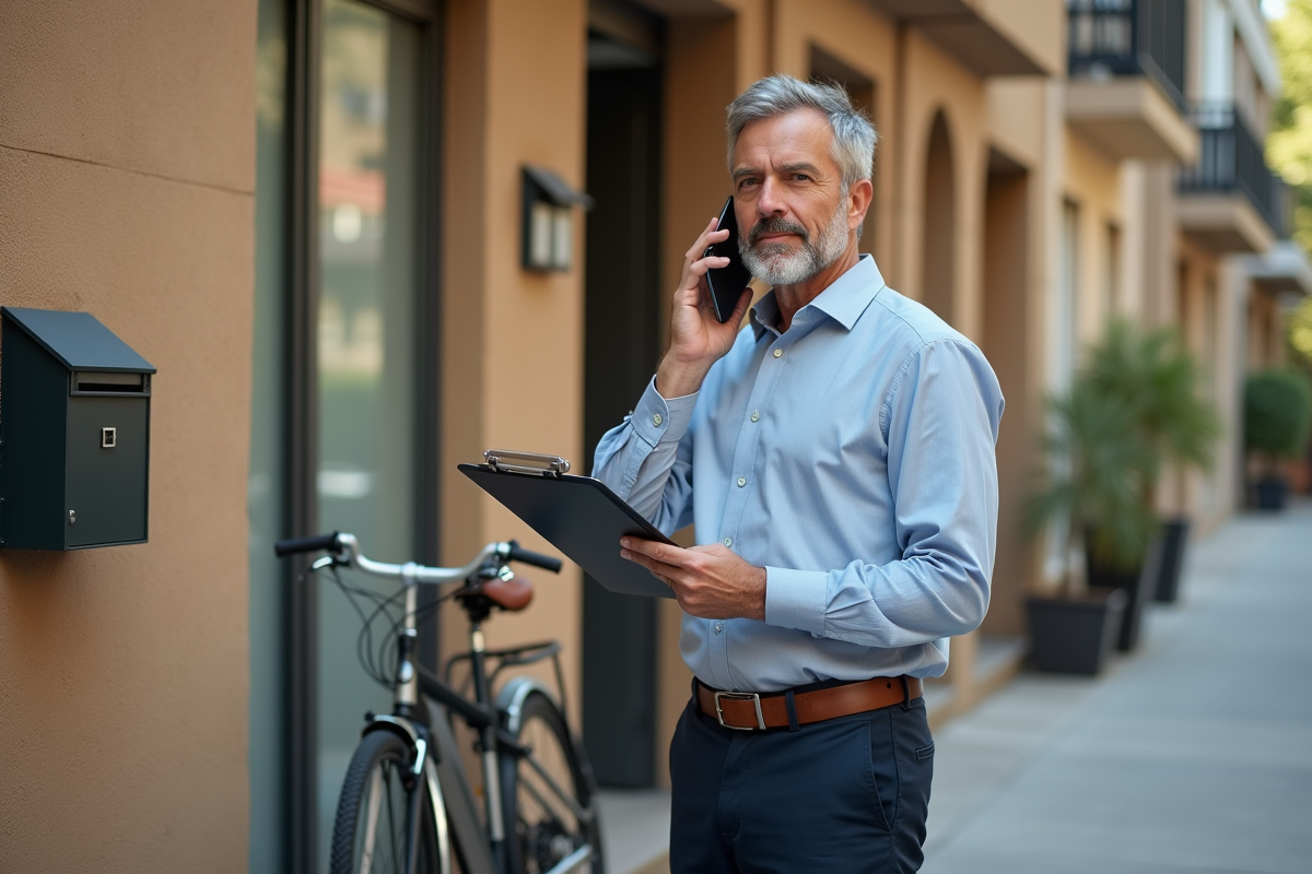 Homme d âge moyen parlant au téléphone devant son immeuble