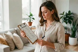 Femme consultant une check-list pour préparer son logement Airbnb dans un appartement moderne
