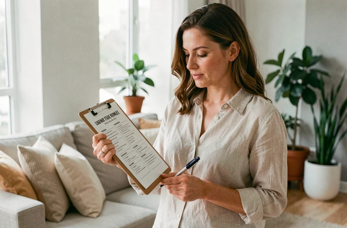 Femme consultant une check-list pour préparer son logement Airbnb dans un appartement moderne