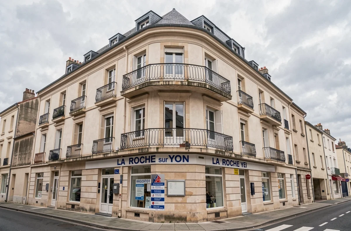 Façade d'immeuble résidentiel avec agence immobilière proposant des studios meublés à La Roche sur Yon