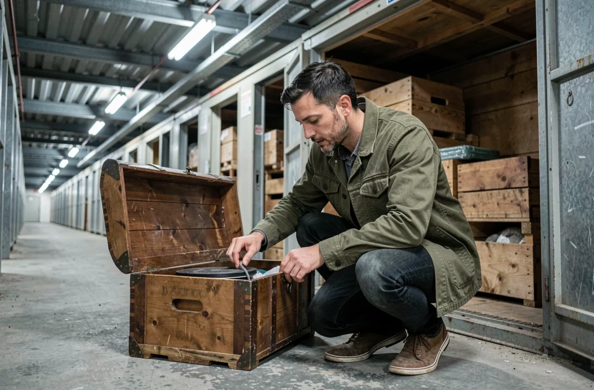 Acheteur inspectant le contenu d'un box abandonné lors d'une vente aux enchères dans un garde-meuble en France