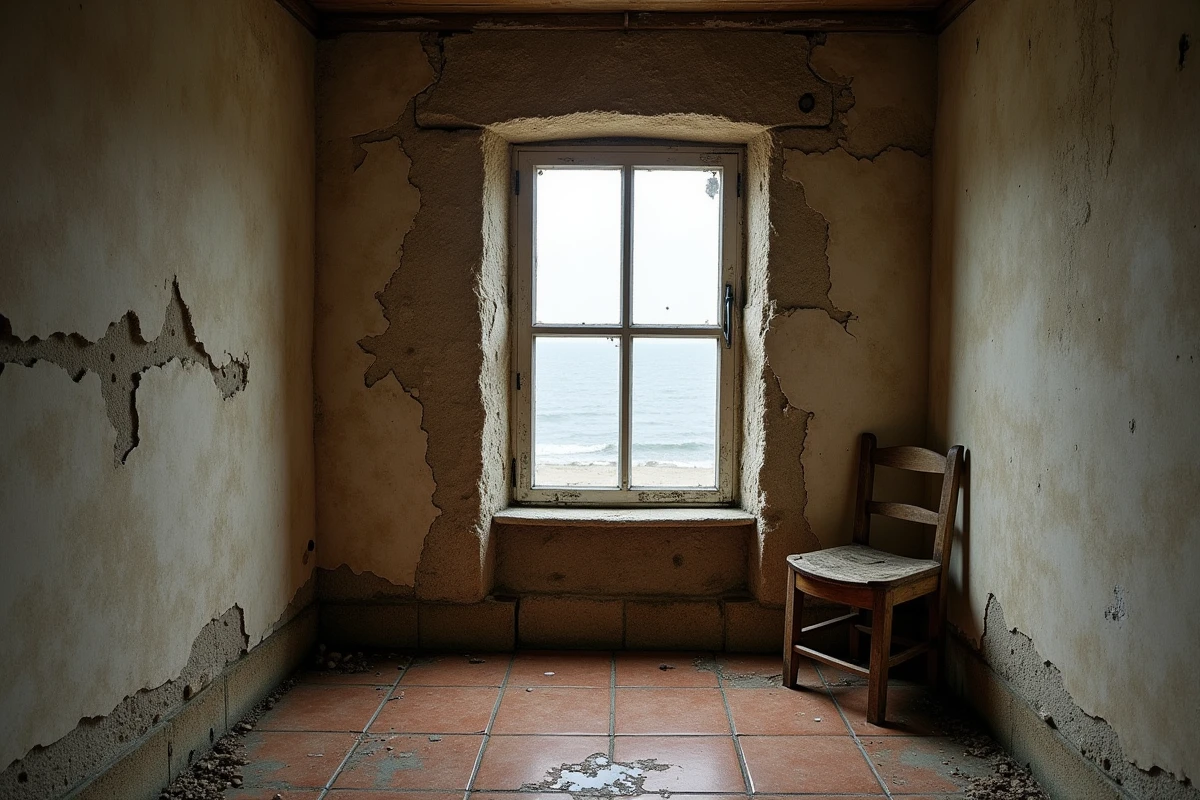 Intérieur humide d'une maison en pierre normande avec traces d'efflorescence sur les murs, fenêtre simple vitrage embuée et carrelage fissuré témoignant de problèmes d'humidité impactant la valeur du bien