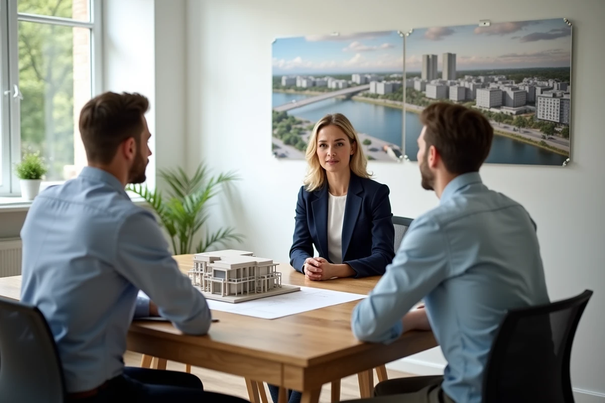 Conseillère immobilière présentant le programme Convergence 94 à des acheteurs dans une salle de vente moderne