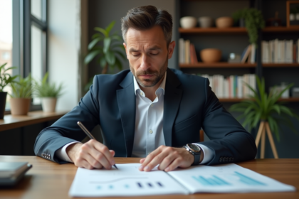 Homme d'affaires concentré sur documents immobiliers