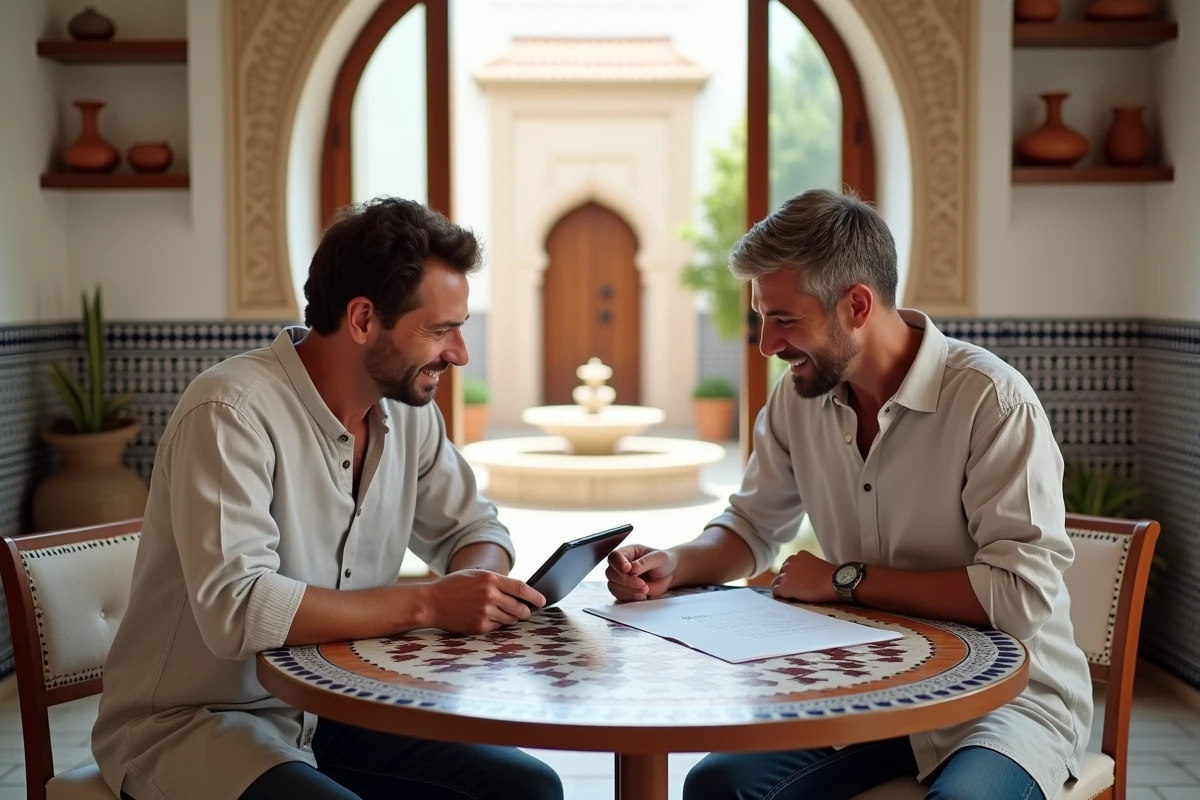 Couple d'investisseurs étudiant un projet d'achat immobilier pour location saisonnière dans une maison à Essaouira
