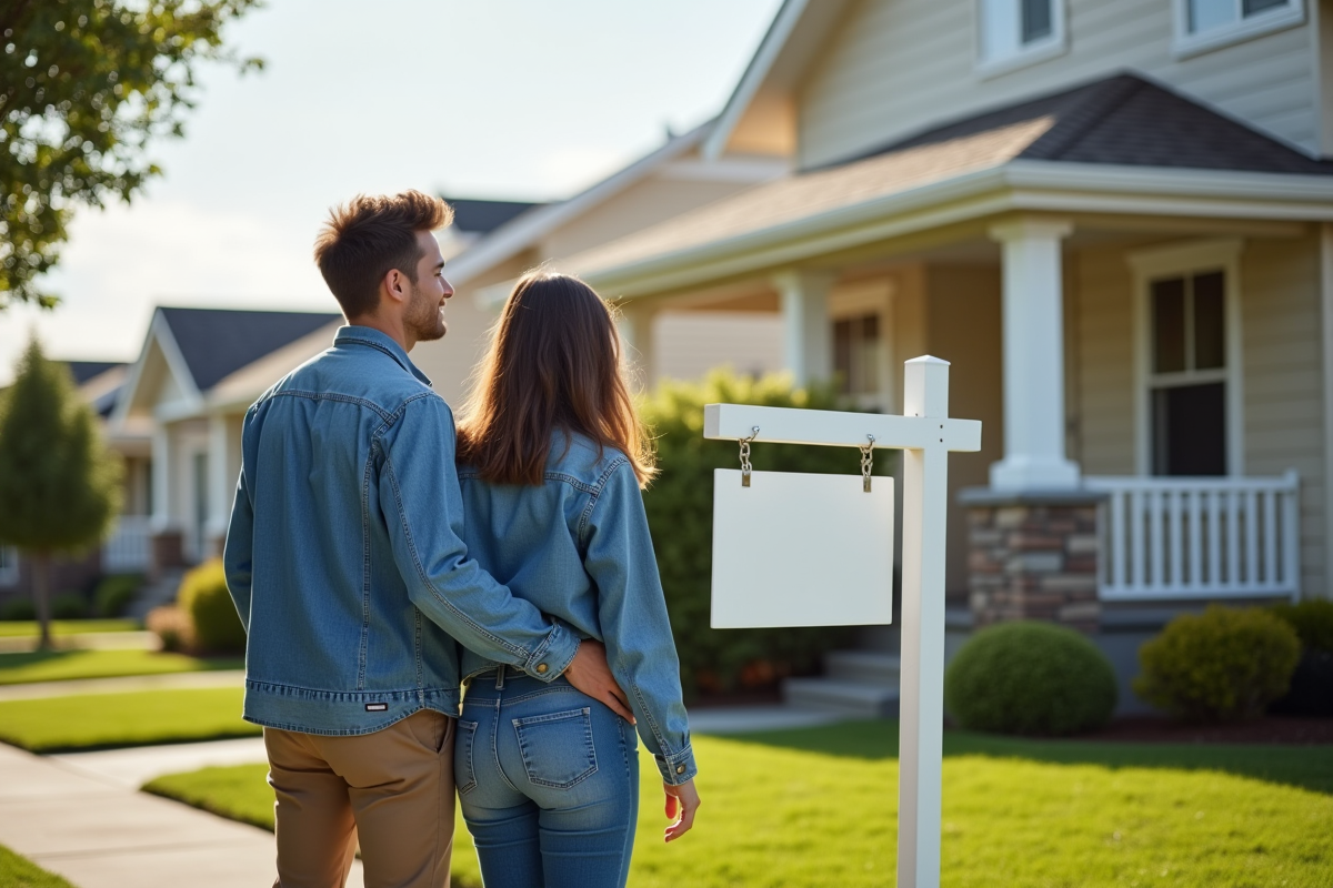 Jeune couple regarde une maison à vendre devant une maison