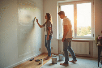 Jeune couple peignant un salon lumineux et moderne