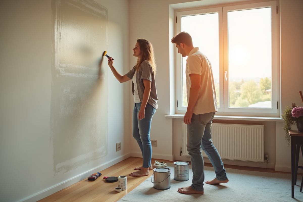 Jeune couple peignant un salon lumineux et moderne