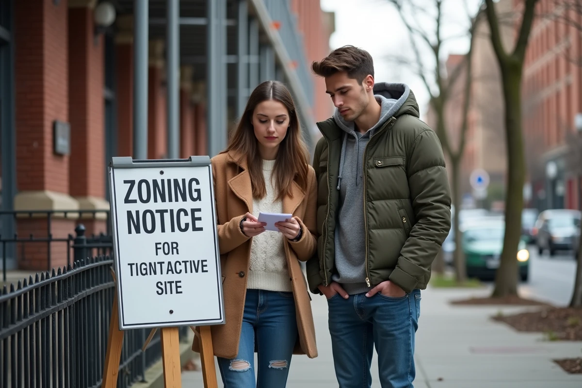 Jeune couple regardant une affiche de zonage devant un chantier urbain