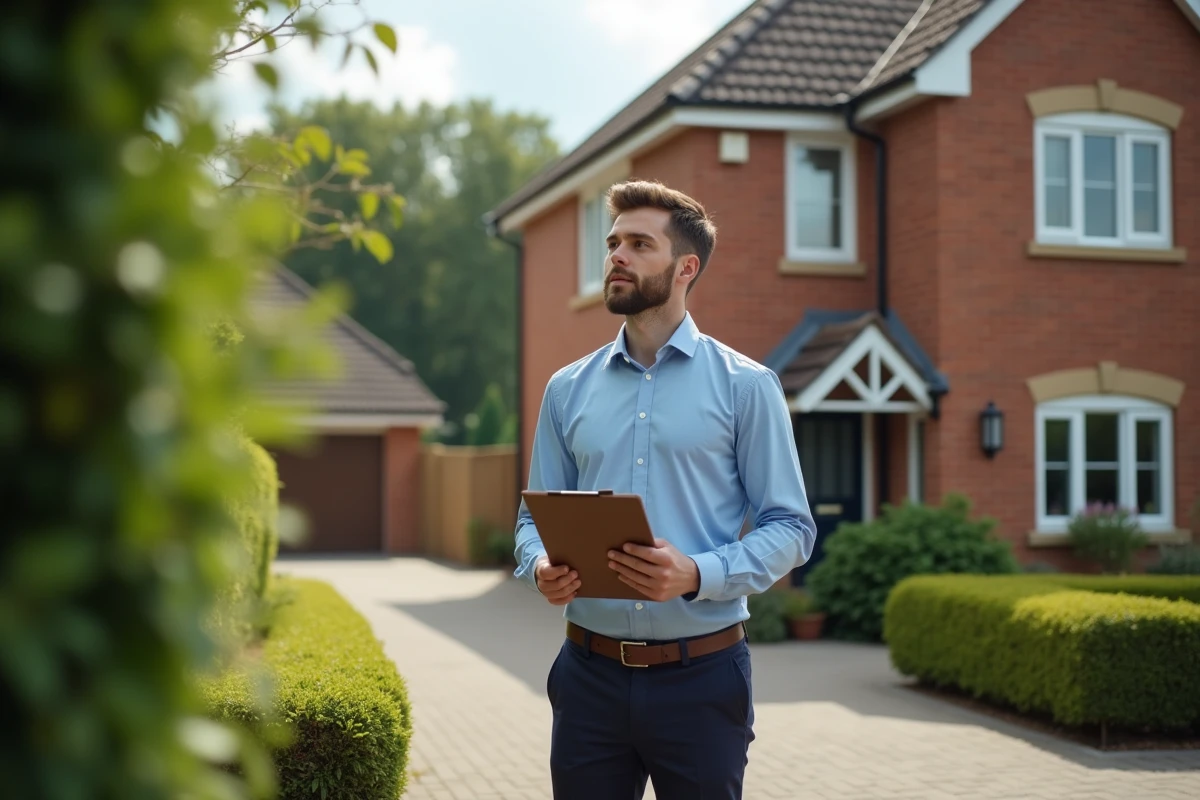 Jeune estimateur immobilier évalue une maison dans une rue résidentielle