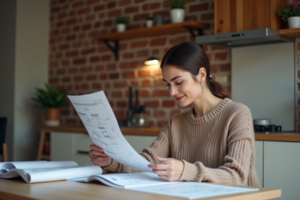 Jeune femme regardant des plans dans un appartement cosy