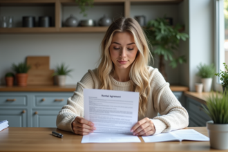 Jeune femme examine un contrat de location à la maison