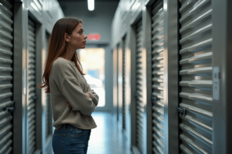 Jeune femme examine une rangée de portes de stockage en intérieur