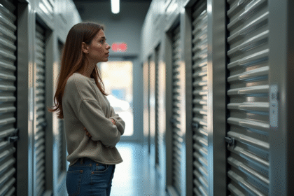 Jeune femme examine une rangée de portes de stockage en intérieur