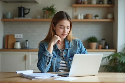 Jeune femme en denim examine des documents de location dans un appartement