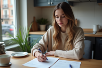 Jeune femme réfléchissant à un formulaire de logement dans sa cuisine