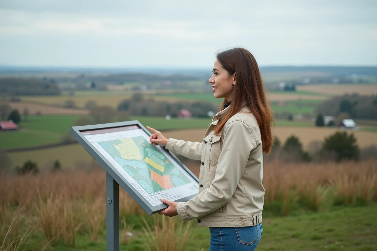 Jeune femme pointe un plan de ferme lors d