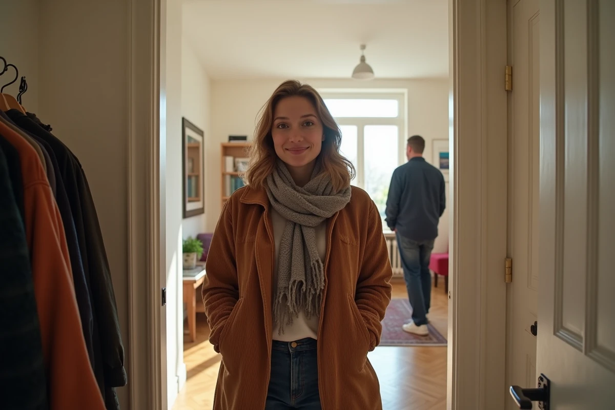 Jeune femme souriante entrant dans un appartement partagé