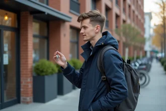 Jeune homme avec clés devant immeuble moderne en ville