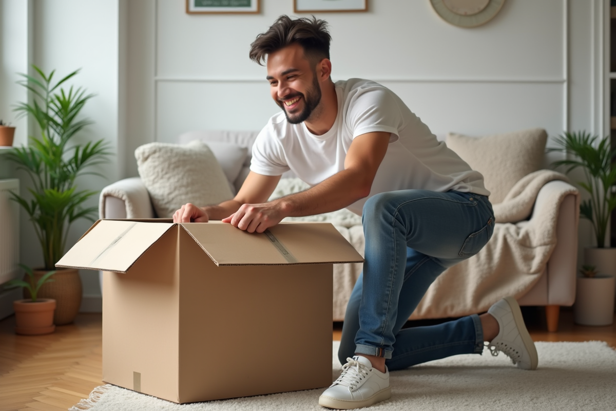 Jeune homme emballant une boîte en carton dans un salon moderne