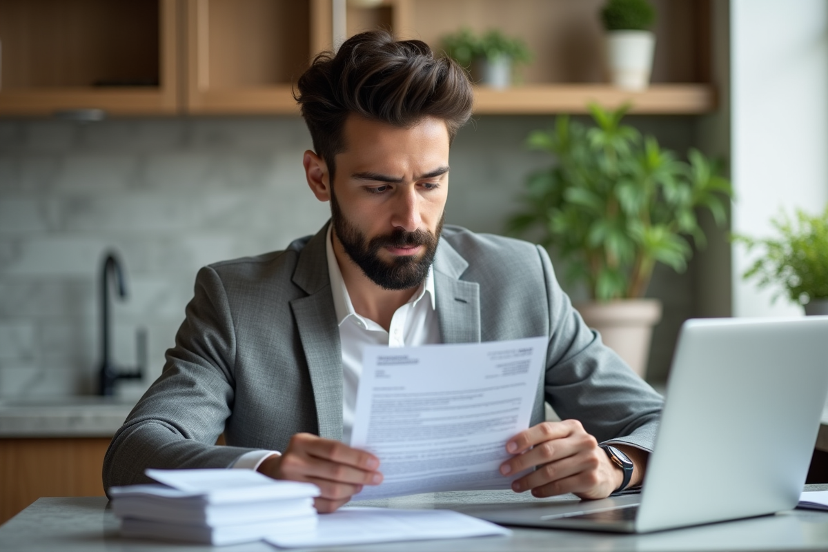 Jeune homme lisant une facture notariale dans sa cuisine lumineuse