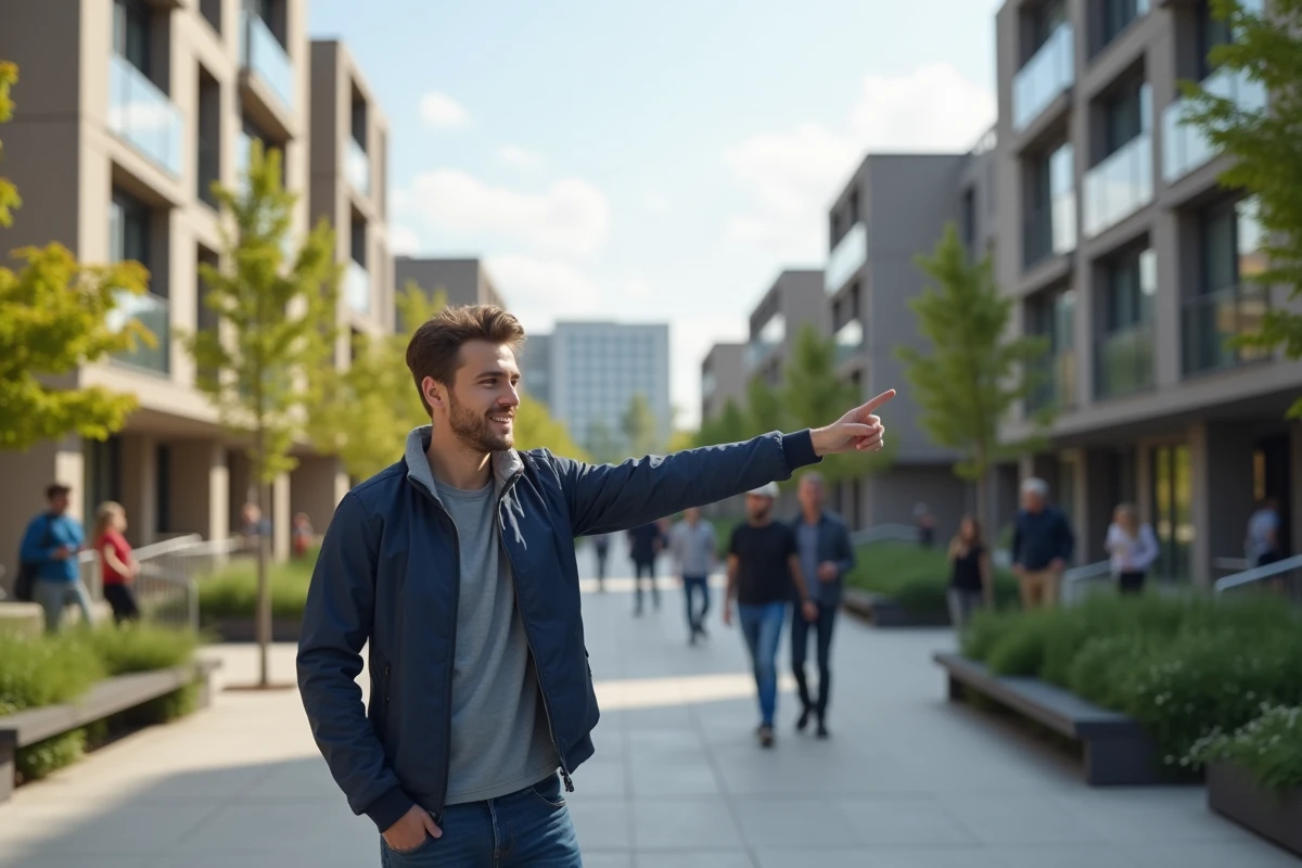 Jeune homme pointant vers logement écologique en extérieur