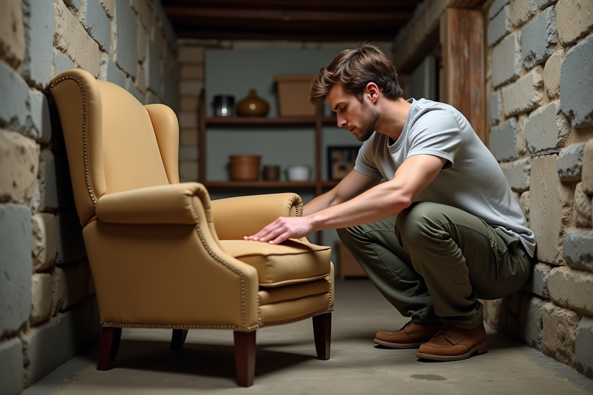 Jeune homme empilant un fauteuil vintage dans un sous-sol étroit