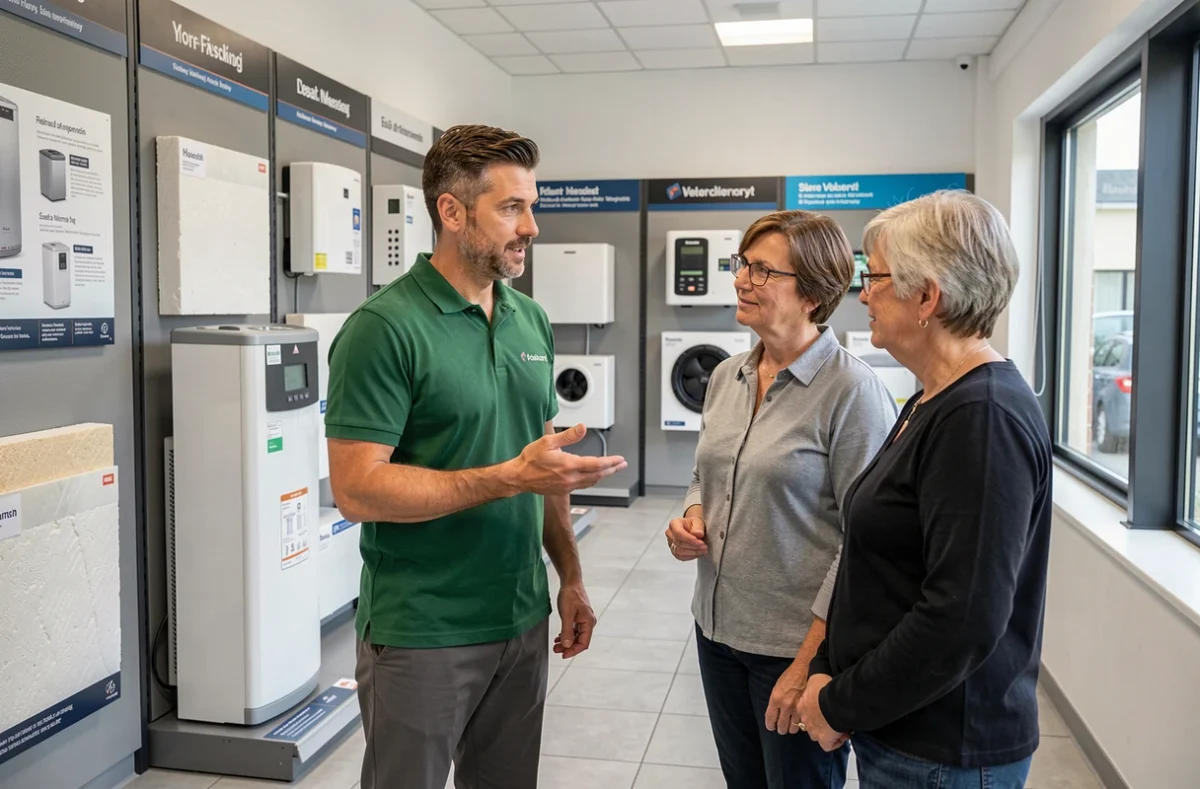 Conseiller Kbane présentant une pompe à chaleur à des clients dans un showroom spécialisé en rénovation énergétique