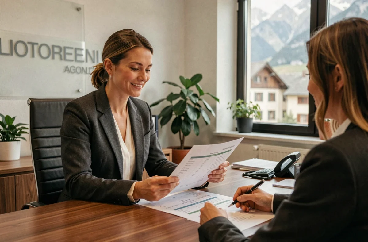 Conseillère de La Centrale de Financement Haute-Savoie discutant d'un dossier de prêt immobilier avec des clients