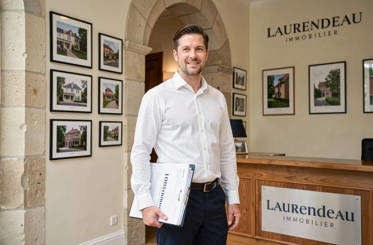 Consultant de l'agence Laurendeau Immobilier tenant un dossier de propriété à l'entrée de l'agence en Maine-et-Loire