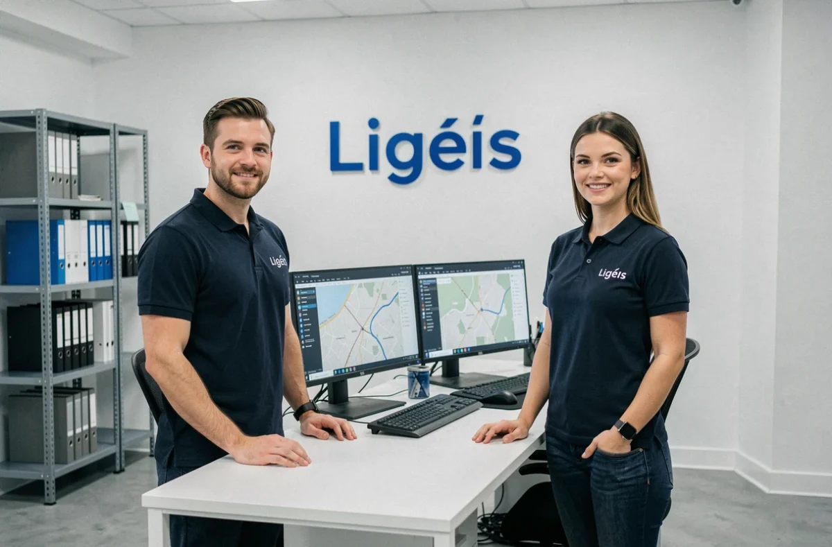 Deux agents immobiliers de l'agence Ligéis en Maine-et-Loire travaillant sur des cartes interactives de propriétés