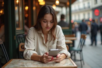Jeune femme consultant l'application Locannonce Paris sur son smartphone dans un café parisien