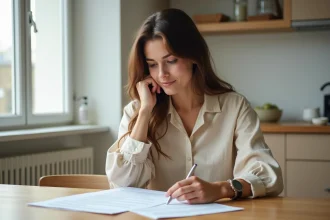 Jeune locataire examinant un contrat de logement Cileo à une table en bois dans un appartement moderne