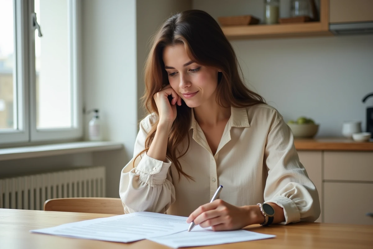 Jeune locataire examinant un contrat de logement Cileo à une table en bois dans un appartement moderne