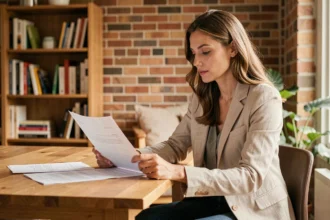 Locataire examinant son contrat d'assurance habitation à la table de sa cuisine dans un appartement moderne