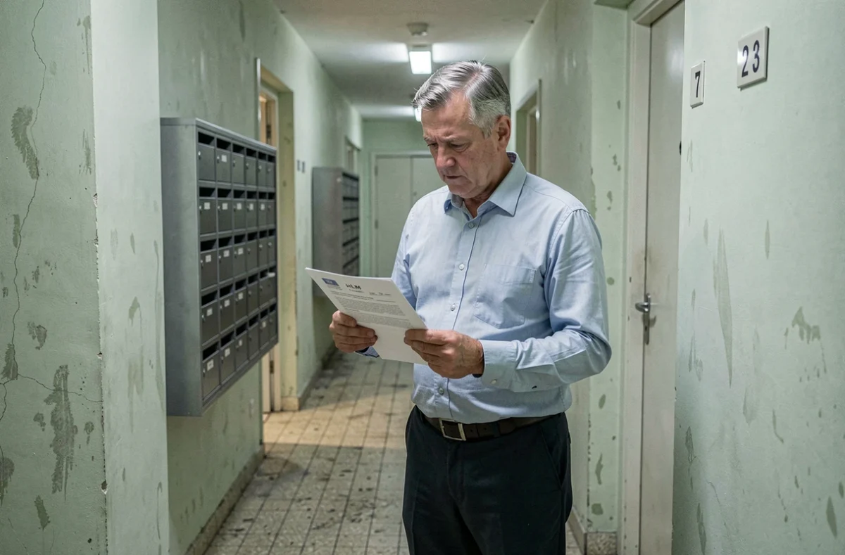 Locataire HLM lisant une lettre de notification de surloyer dans le couloir d'un immeuble de logement social