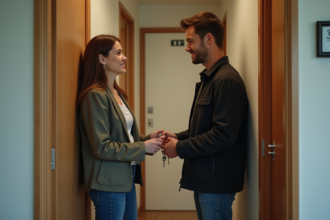 Proprietaire et locataire échangeant des clés dans un appartement