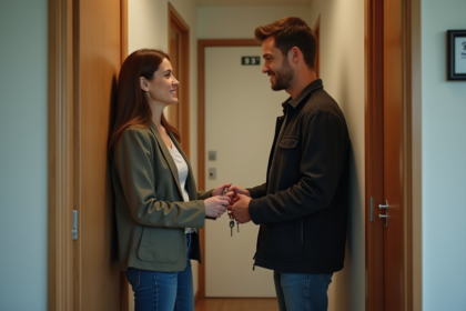 Proprietaire et locataire échangeant des clés dans un appartement