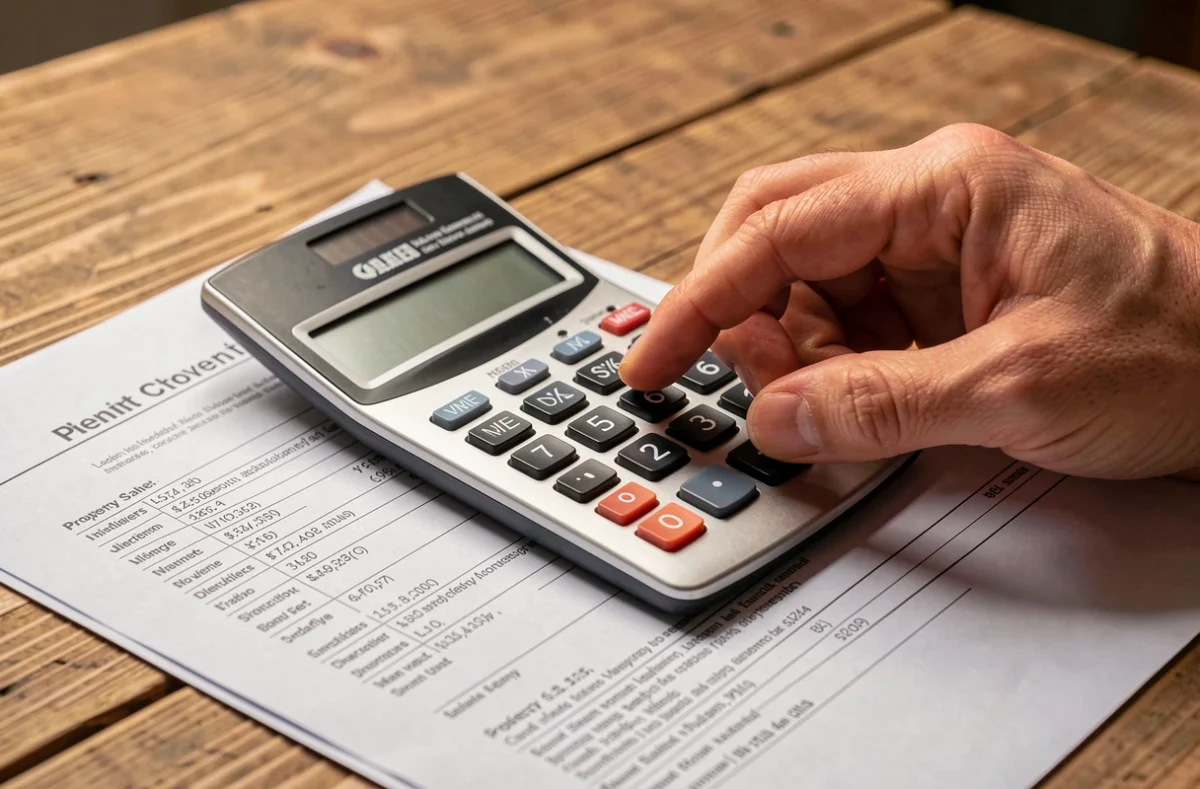 Mains calculant une plus-value sur des documents de vente immobilière