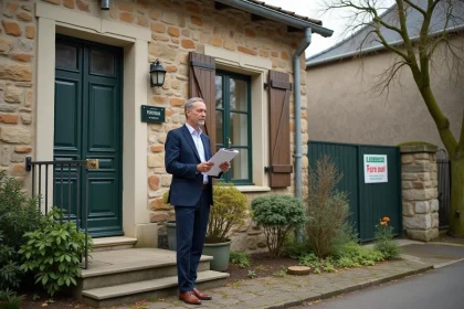 Agent immobilier devant une maison à vendre en Seine-et-Marne avec panneau de vente visible