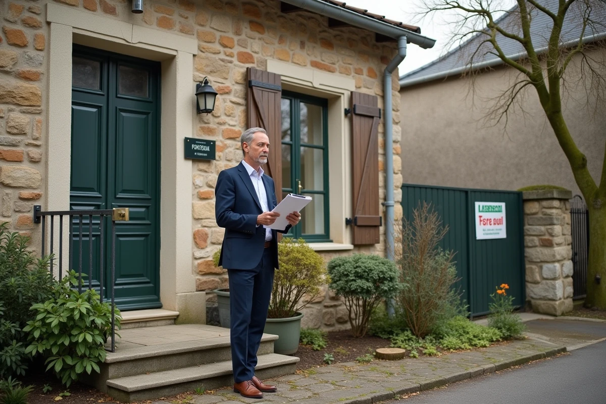 Agent immobilier devant une maison à vendre en Seine-et-Marne avec panneau de vente visible