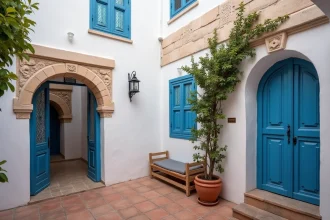 Maison traditionnelle à louer à Essaouira avec façade blanchie à la chaux et volets bleus typiques de la médina