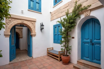Maison traditionnelle à louer à Essaouira avec façade blanchie à la chaux et volets bleus typiques de la médina