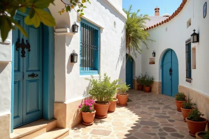Maison traditionnelle marocaine avec petit jardin fleuri à louer à Essaouira, façade blanche aux volets bleus et porte arquée dans une ruelle de la médina